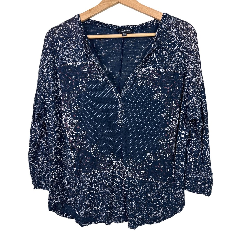 Lucky Brand Navy Paisley Print V Neck 3/4 Sleeve  Blouse‎ Women's Medium Boho